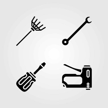Araçlar Icons set vektör. Komisyon, somun anahtarı ve elyaf silah