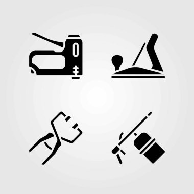 Araçlar Icons set vektör. Kaynakçı, kelepçe ve ahşap uçak