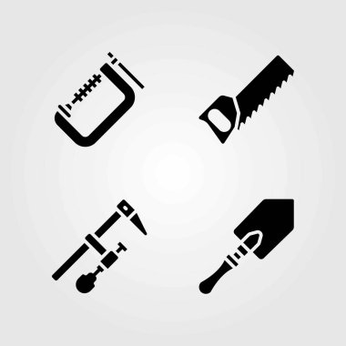 Araçlar Icons set vektör. kürek, el testeresi ve kelepçe