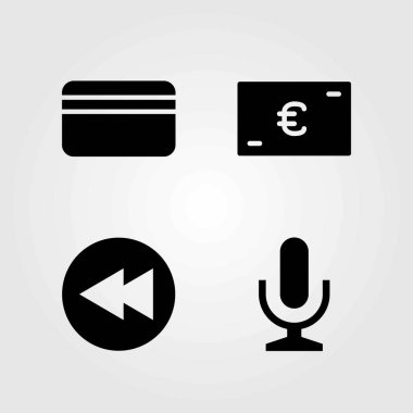 Düğmeleri Icons set vektör. geri sarma, mikrofon ve euro