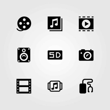 Multimedya vektör simgeler kümesi. film oyuncu, film rulo ve hoparlör