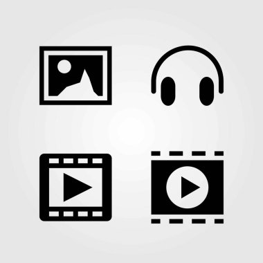 Multimedya vektör simgeler kümesi. resim, film oynatıcı ve kulaklıklar