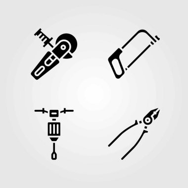 Araçlar Icons set vektör. Matkap, testere ve güç gördüm