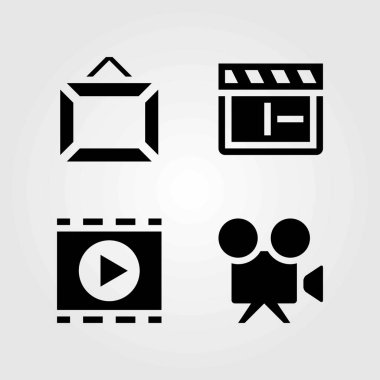 Multimedya vektör simgeler kümesi. Klaket, video kamera ve film oyuncu
