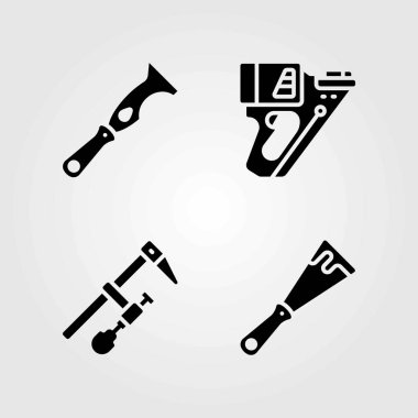 Araçlar Icons set vektör. Sıyırıcı, kelepçe ve çivi silahı