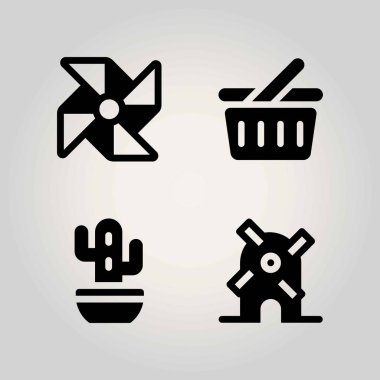 Tarım vektör Icon set. Fırıldak, sepet, alışveriş sepeti ve yel değirmeni