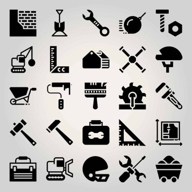 İnşaat vektör Icon set. aracı, plan, çekiç ve el arabası