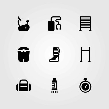 Fitness vektör simgeler kümesi. müzik çalar, kronometre ve ölçek