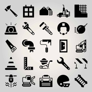 İnşaat vektör Icon set. delici, buldozer, rulo ve merdiven