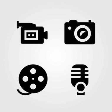 Multimedya vektör simgeler kümesi. mikrofon, film rulo ve fotoğraf kamera