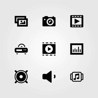 Multimedya vektör simgeler kümesi. resim, analytics ve fotoğraf fotoğraf makinesi