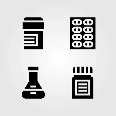 Tıp vektör simgeler kümesi. hap, tıp ve şişesi