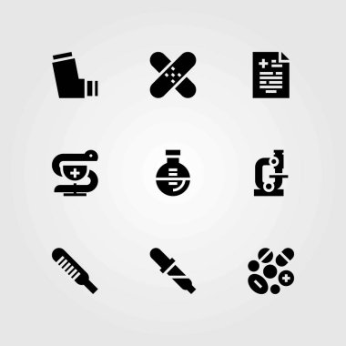 Tıp vektör simgeler kümesi. mikroskop, oksijen tüpü ve yama