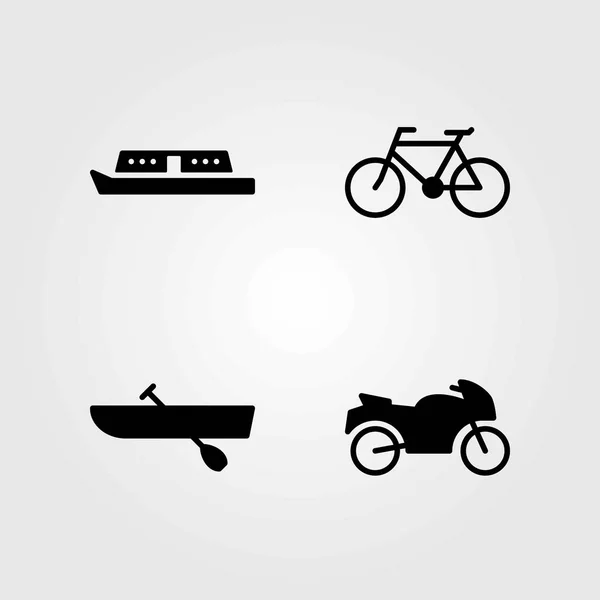 Vector iconen transportset. motorfiets, fiets- en boot — Stockvector