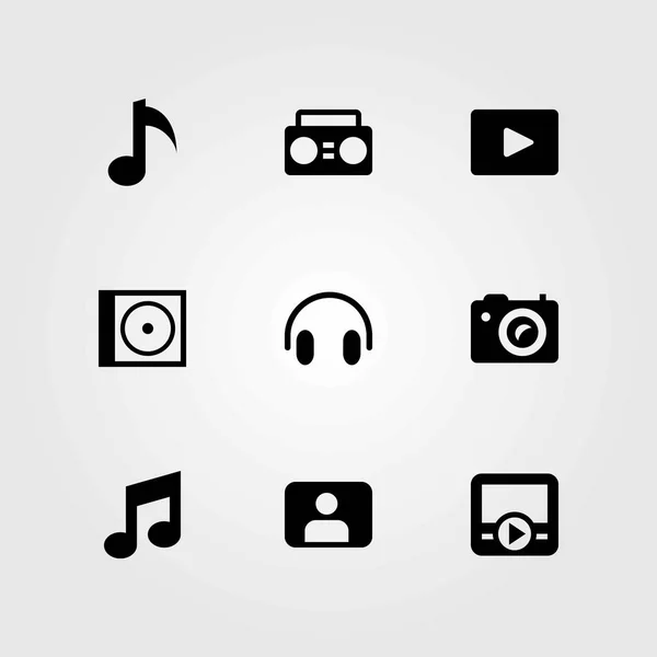 Conjunto de iconos vectoriales multimedia. cámara fotográfica, disco compacto y reproductor de vídeo — Vector de stock