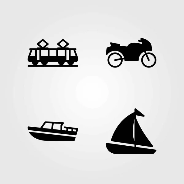 Icone vettoriali di trasporto impostate. barca a vela, barca e tram — Vettoriale Stock