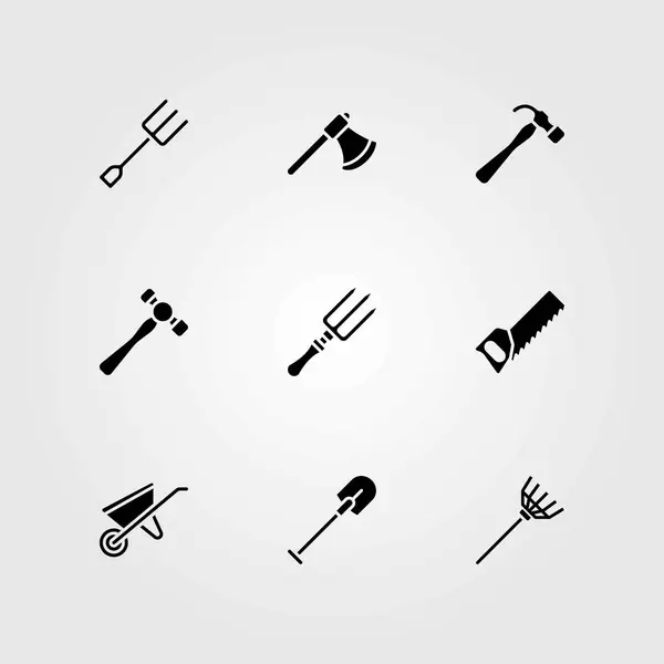 Garden vector icons set. rake, wheelbarrow and shovel — Stock Vector