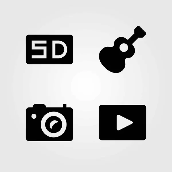 Conjunto de iconos vectoriales multimedia. cámara fotográfica, tarjeta SD y reproductor de vídeo — Vector de stock