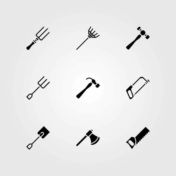 Garden vector icons set. fork, spade and handsaw — Stock Vector