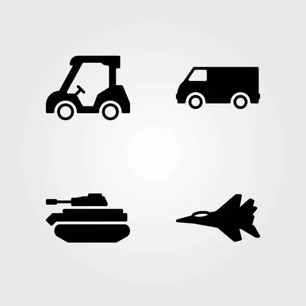 Ensemble d'icônes vectorielles de transport. fourgon, réservoir et voiturette de golf — Image vectorielle