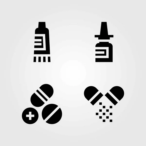 Medizinische Vektorsymbole gesetzt. Creme, Tabletten und Nasenspray — Stockvektor