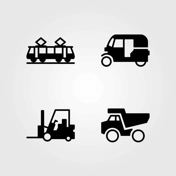 Conjunto de iconos vectoriales de transporte. tranvía, tuk tuk y volquete — Archivo Imágenes Vectoriales