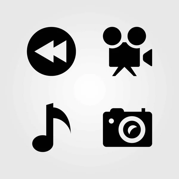 Multimedia vector icons set. videocamera, muzikale noot en terugspoelen — Stockvector