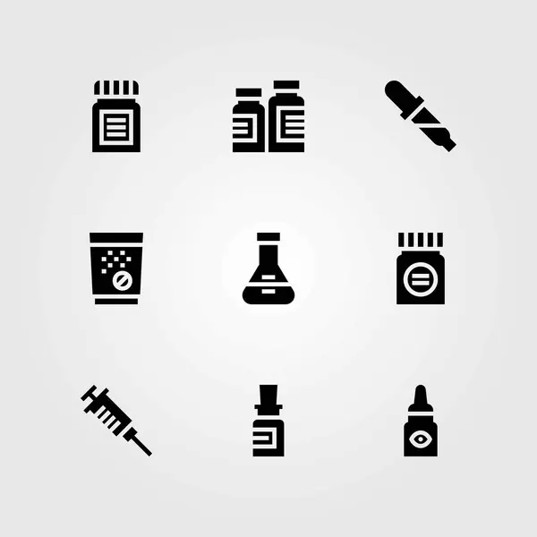 Ensemble d'icônes vectorielles médicales. gouttes ophtalmiques, comprimés et pilules — Image vectorielle