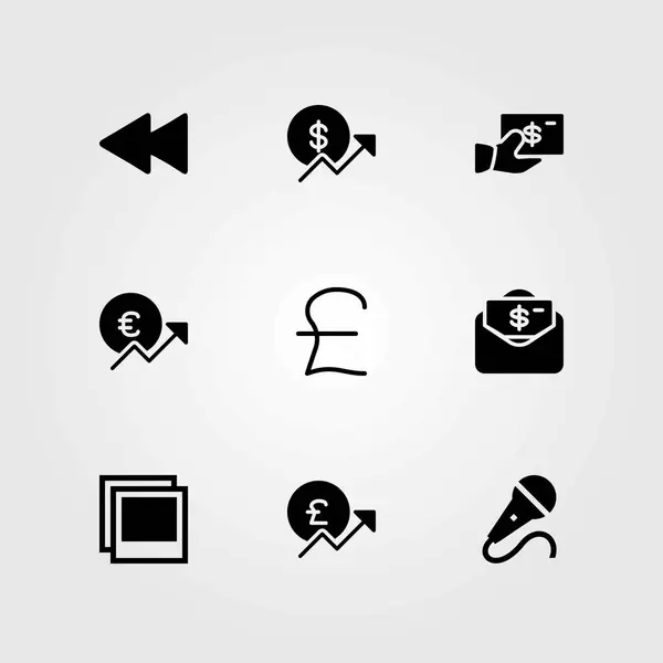 Knoppen vector icons set. microfoon-, foto- en pond sterling — Stockvector