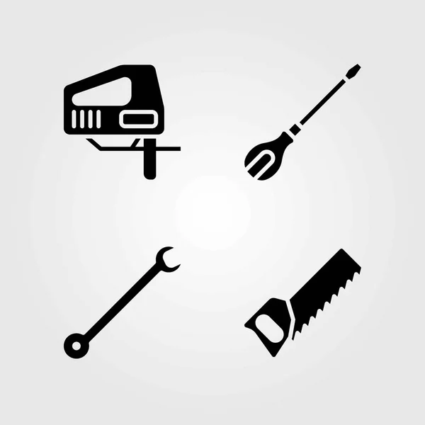 Werkzeuge Vektorsymbole gesetzt. Handsäge, Schraubenzieher und Schraubenschlüssel — Stockvektor