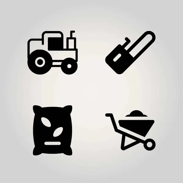 Granja vector icono conjunto. motosierra, carretilla, fertilizante y tractor — Archivo Imágenes Vectoriales