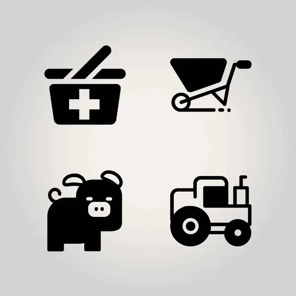 Conjunto de ícones vetoriais Farm. porco, cesta, carrinho de mão e padeiro de compras — Vetor de Stock