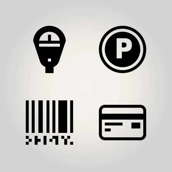 Conjunto de iconos de vector tecnológico. parquímetro, señal, código de barras y tarjeta de crédito — Vector de stock