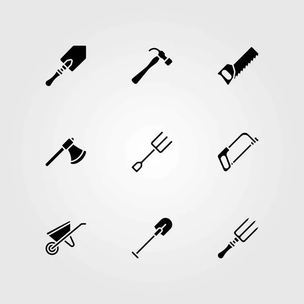 Conjunto de ícones vetoriais de jardim. garfo, machado e serra manual — Vetor de Stock