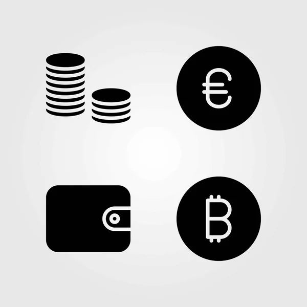 Zestaw ikon wektorowych pieniądze. monety, monety i portfel — Wektor stockowy