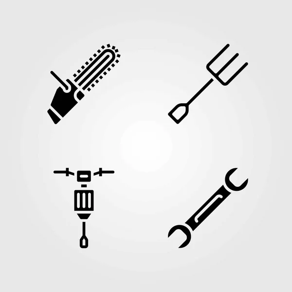 Ferramentas conjunto de ícones vetoriais. chave inglesa, garfo e martelo pneumático —  Vetores de Stock