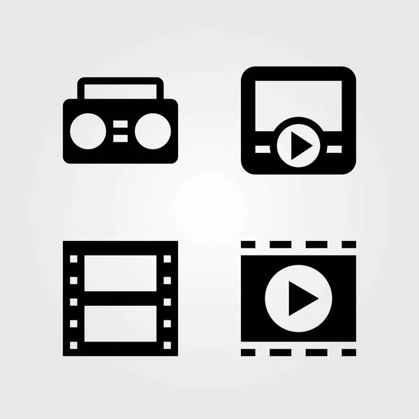 Conjunto de iconos vectoriales tecnológicos. caja de resonancia, rollo de película y reproductor de películas — Vector de stock