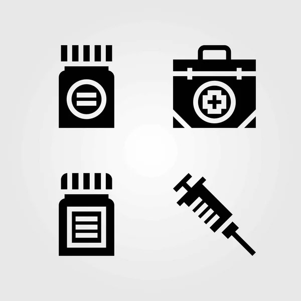 Ensemble d'icônes vectorielles médicales. seringue, trousse de premiers soins et médicament — Image vectorielle