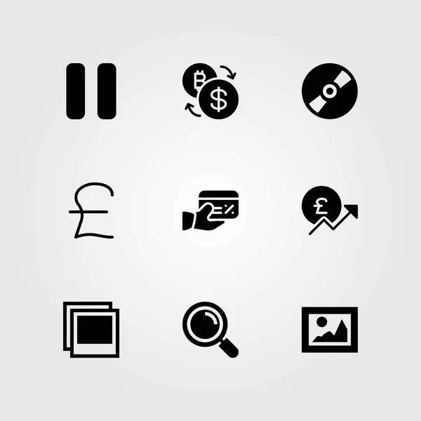 Buttons vector icons set. pause, photo and pound sterling — Stock Vector