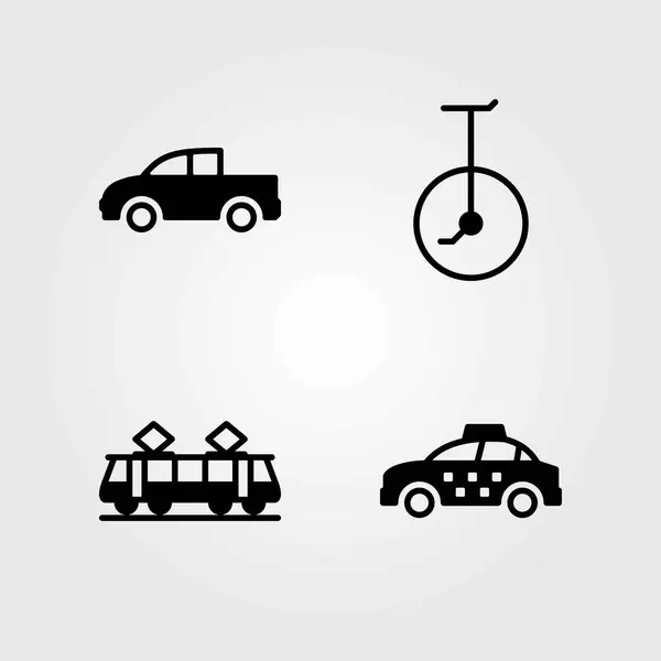 Közlekedési vektoros ikonok beállítása. pickup teherautó-, villamos- és taxi — Stock Vector