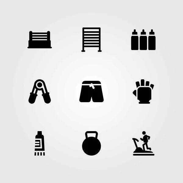 Fitness vektorové ikony nastavit. rukavice, tělocvična barů a sportovní kalhoty — Stockový vektor