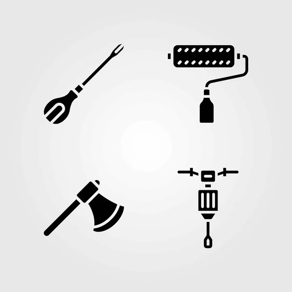 Tools vector icons set. paint roller, screwdriver and axe — Stock Vector