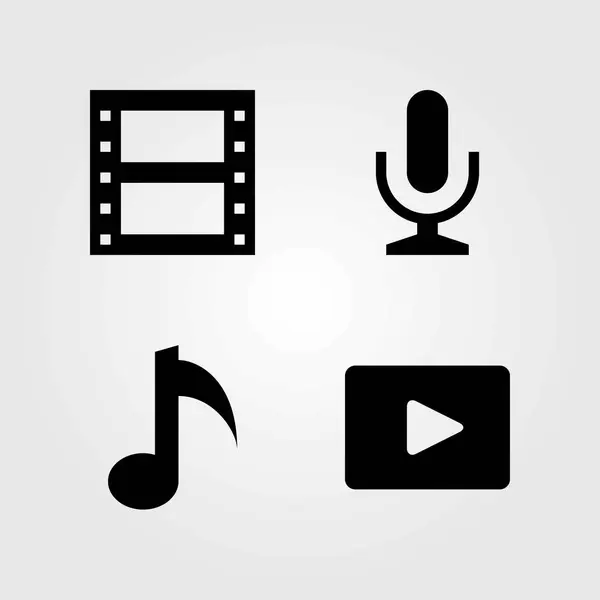 Conjunto de iconos vectoriales multimedia. micrófono, reproductor de vídeo y micrófono — Vector de stock