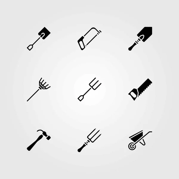 Garden vector icons set. fork, hammer and handsaw — Stock Vector