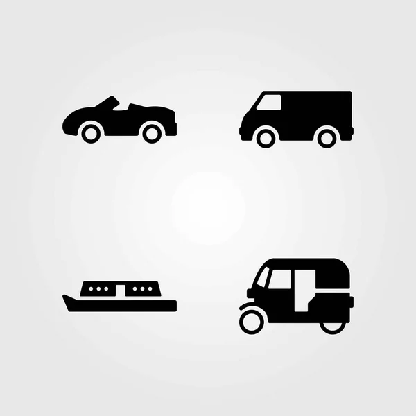 Icone vettoriali di trasporto impostate. auto sportive, furgone e barca — Vettoriale Stock