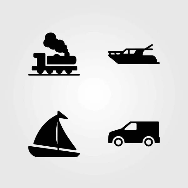 Transport vector icons set. sailboat, train and yatch — Stock Vector