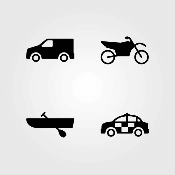 Icone vettoriali di trasporto impostate. moto, auto della polizia e auto — Vettoriale Stock