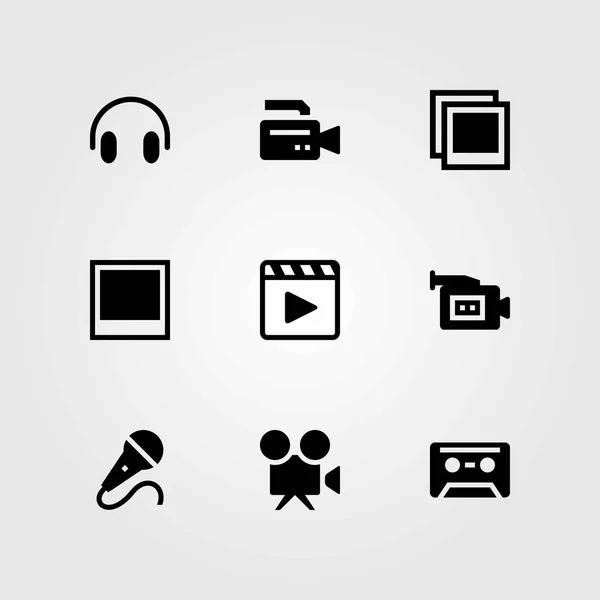 Conjunto de iconos vectoriales multimedia. casete, auriculares y micrófono — Vector de stock
