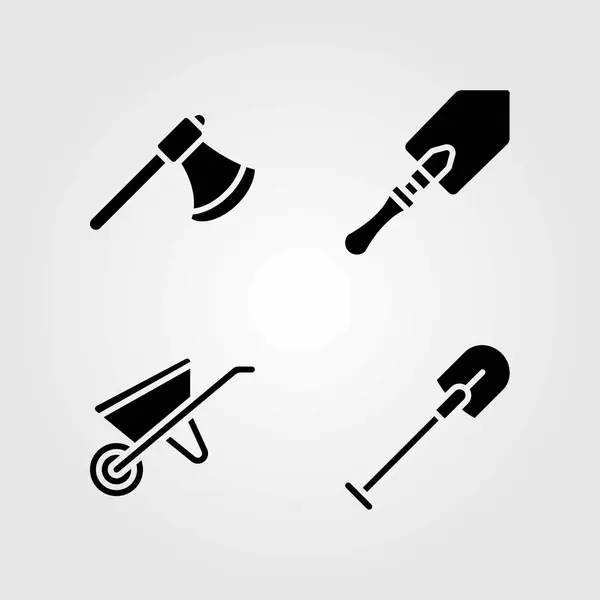 Garden vector icons set. axe, wheelbarrow and shovel — Stock Vector