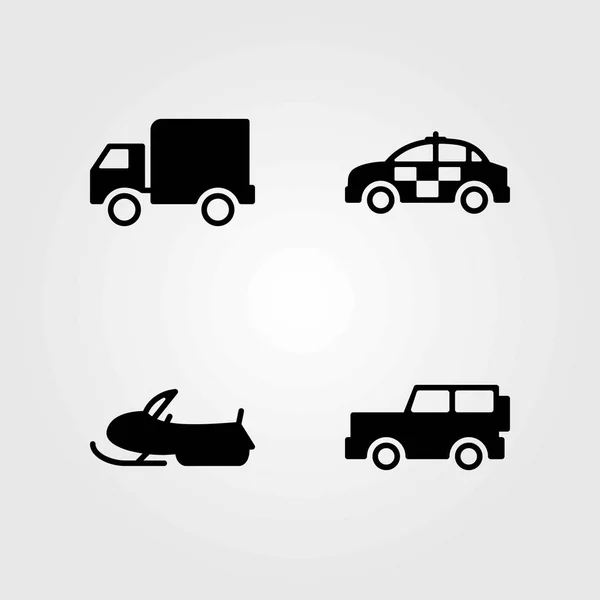 Conjunto de iconos vectoriales de transporte. jeep, coche de policía y moto de nieve — Archivo Imágenes Vectoriales